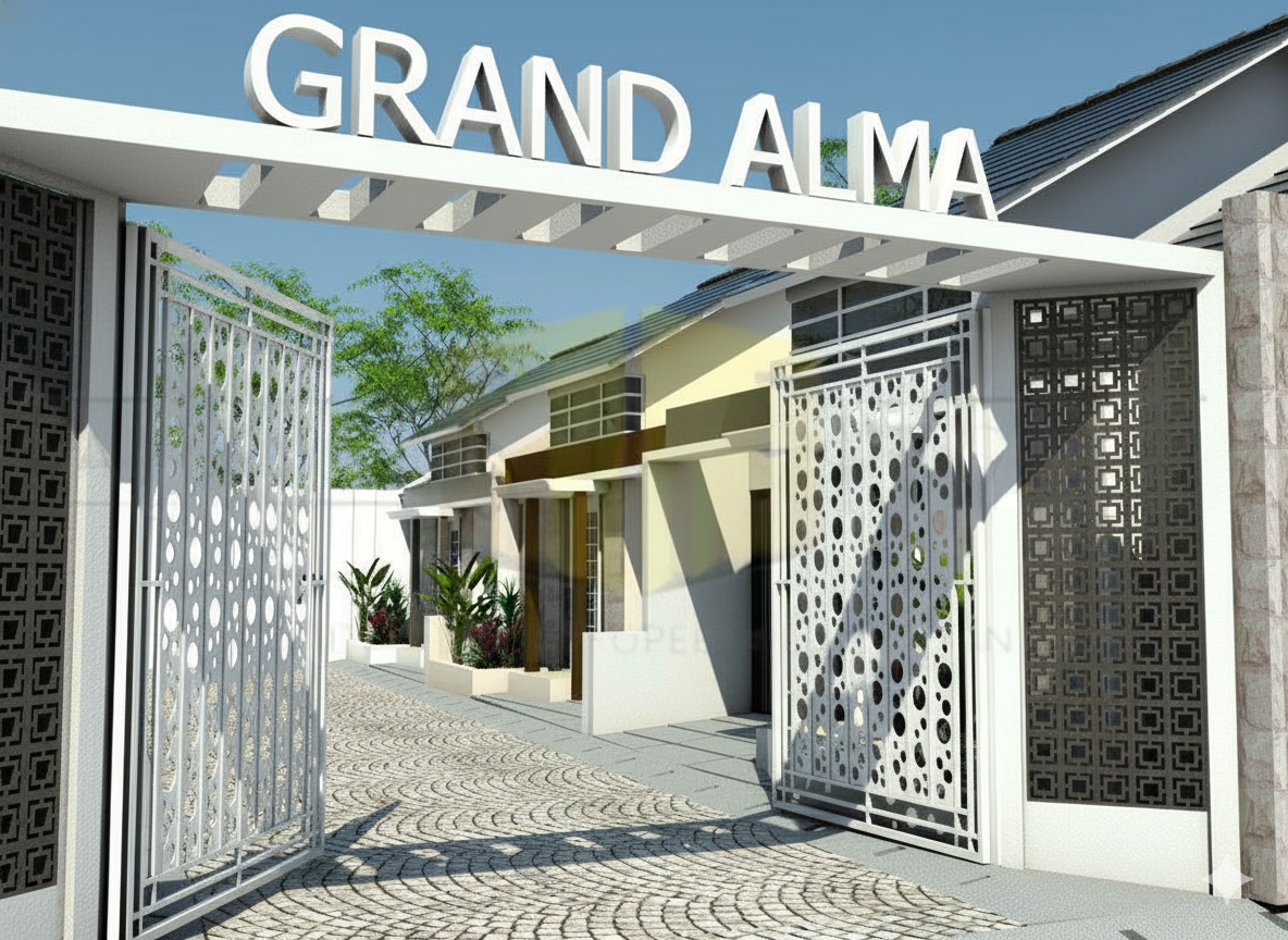 Gerbang utama Perumahan Grand Alma dengan desain modern, proyek pengembangan properti oleh SAHABATPRO sebagai kontraktor dan developer Semarang.